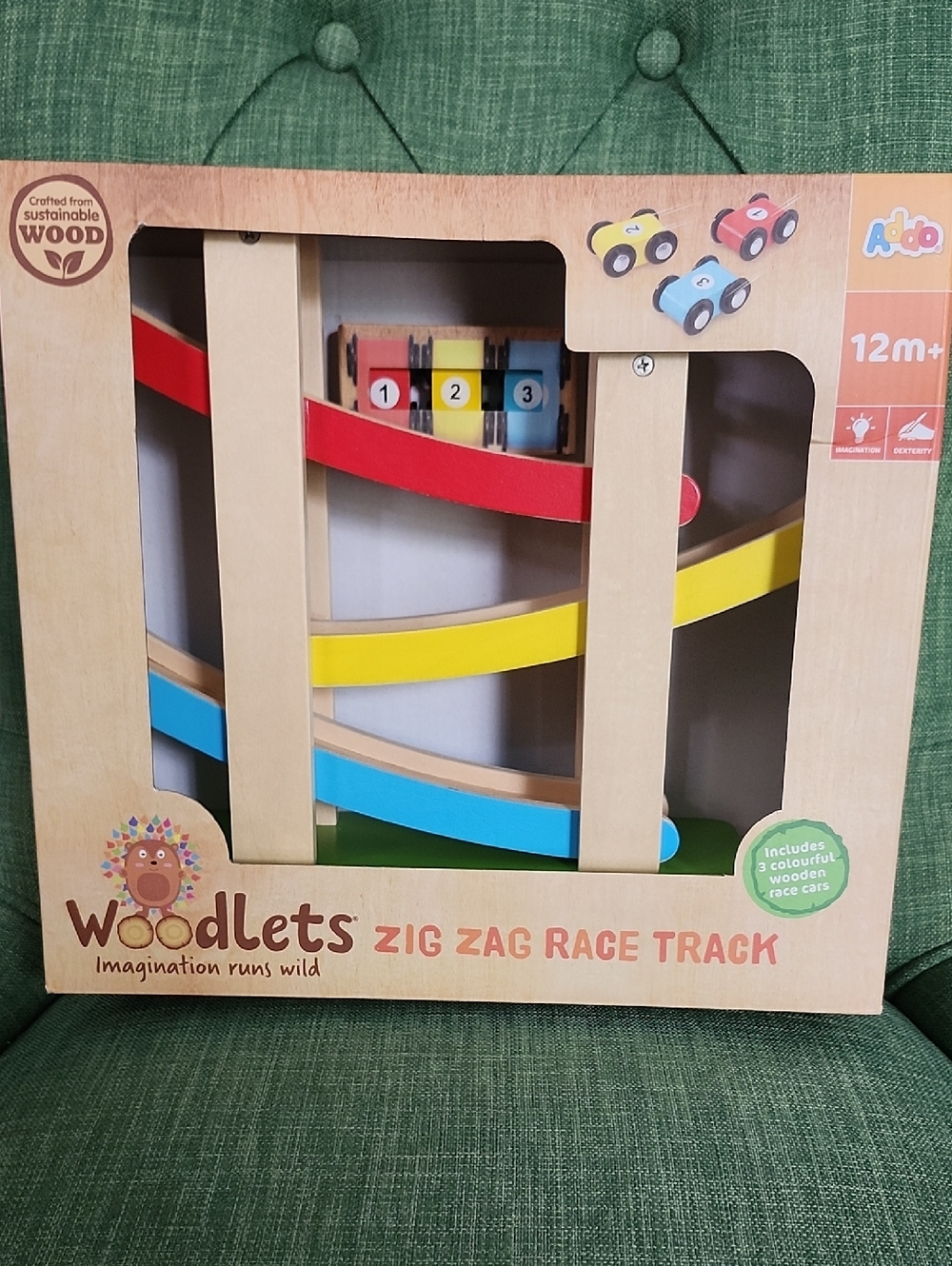 Zig Zag Race Track - Red, Yellow & Blue Wooden Cars